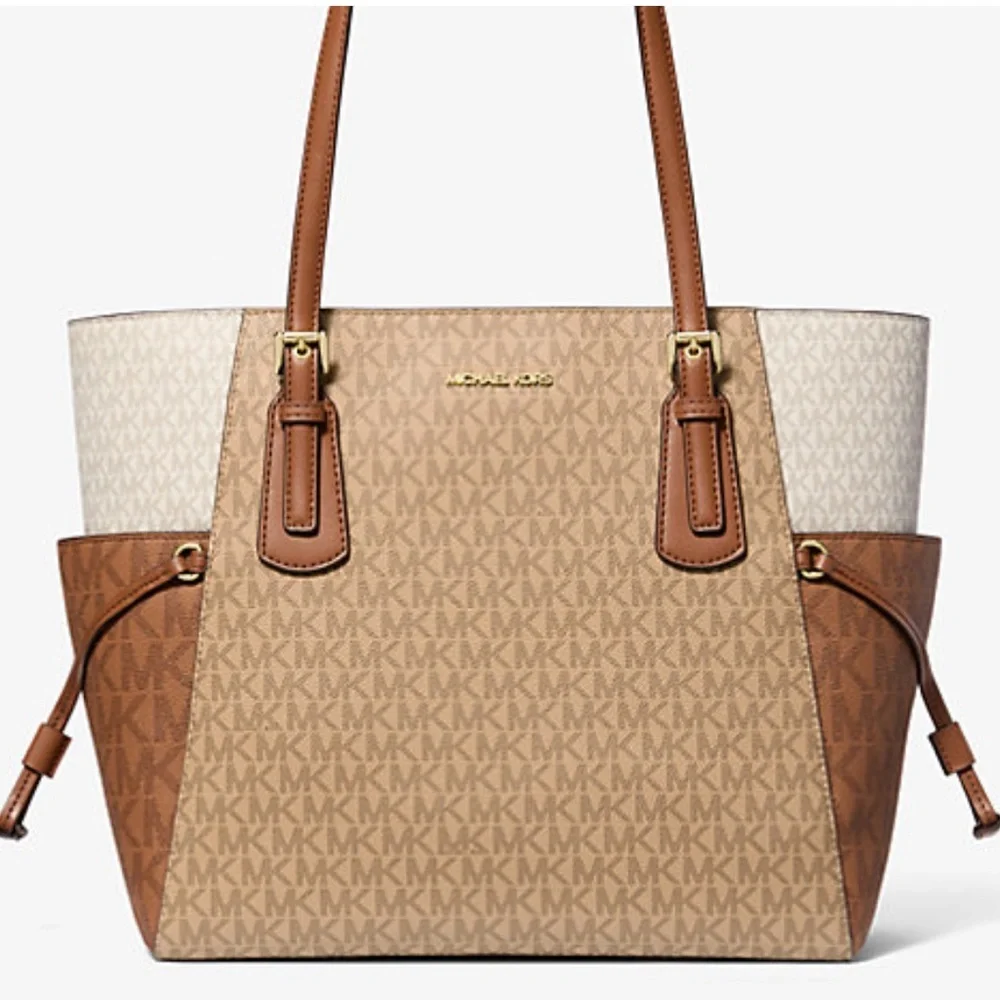 Michael Kors Voyager Large Color-Block Signature Logo Tote Bag Camel Multi  NWT